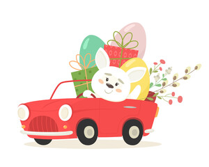 Obraz na płótnie Canvas Cheerful bunny in a car with eggs and gifts. Happy Easter. Vector illustration in flat style.