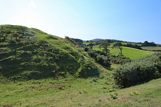 The 11th century Norman Motte and Bailey castle at Nether Stowey in Somerset. Looking northwards towards the Bristol Channel