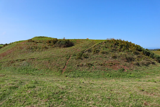 The 11th century Norman Motte and Bailey castle at Nether Stowey in Somerset. Looking northwards towards the Bristol Channel