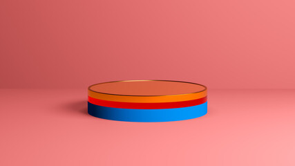 Shiny round pedestal podium. Abstract 3d concept illuminated pedestal by spotlights. Perfect image for fashion, clothes or cosmetics. Place your object or product on pedestal. 3d rendering