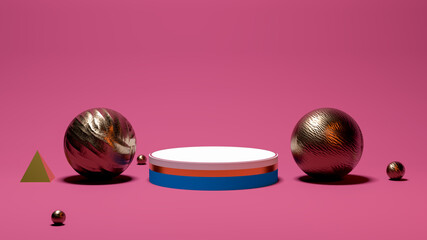 Shiny round pedestal podium. Abstract 3d concept illuminated pedestal by spotlights. Perfect image for fashion, clothes or cosmetics. Place your object or product on pedestal. 3d rendering
