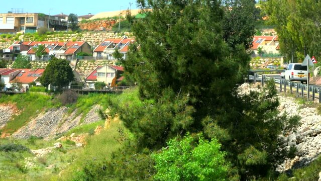 Metula, Israel - April 08,2019:Panorama of the Upper Galilee hills surrounding town Metula. Northern Israel. 4K