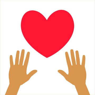 Hands reaching for the red heart. Flat vector illustration, metaphor of love and spring.