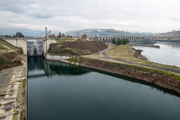 The Dalles Lock and Dam built by the U.S.  Army Corps of Engineers in the Columbia River Gorge...