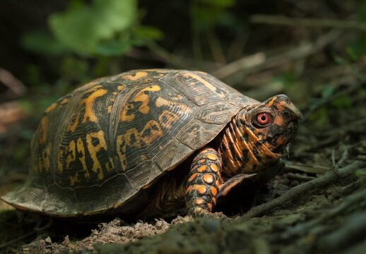 Macro portrait of beautiful colorful male Eastern box turtle with red eye