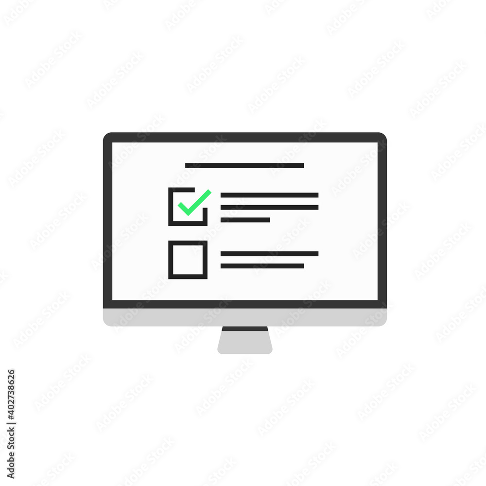 Aufkleber online survey form checklist icon with a computer application. green mark in check box with a line l