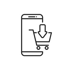 Mobile shop cart vector icon with add thin line arrow. Online e-commerce phone app with trolley checkout sign. Retail Eshop buy symbol before purchase. Flat isolated smartphone shopping basket icon