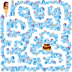 Help the girl find her way to the birthday cake in the maze of gift boxes. Children's picture with a riddle in the maze, puzzle on a white background.