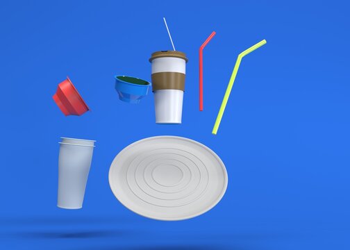 pl&aacute;sticos de un solo uso en fondo azul