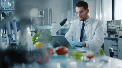 Male Scientist Working on a Laptop Computer and Analyzing a Lab-Grown Tomato Through a Microscope. Microbiologist Working on Molecule Samples in Modern Laboratory with Technological Equipment. - Powered by Adobe