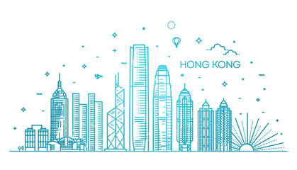 Hong Kong skyline, vector illustration in linear style - obrazy, fototapety, plakaty