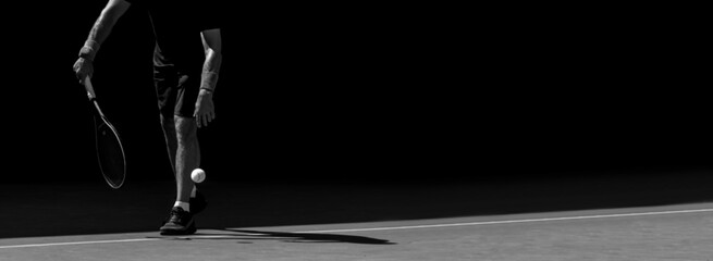 Male tennis player in action on the court on a sunny day. Black and white