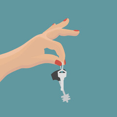 Keys are held by a female hand on a blue background.