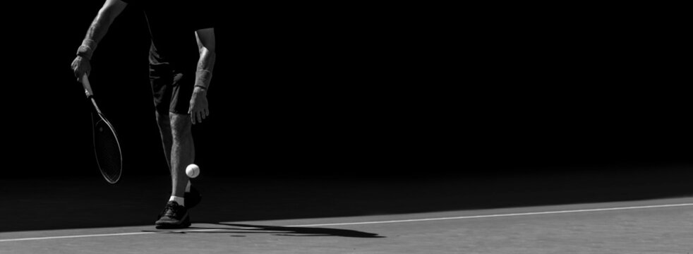 Male tennis player in action on the court on a sunny day. Black and white