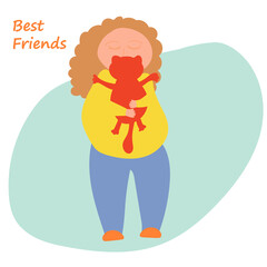 Cartoon illustration, girl huging red cat on abstract light blue background, best friends, cozy home. Vector graphic design.