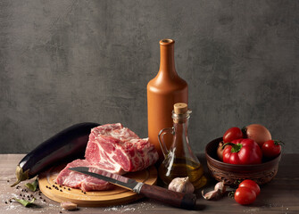 Still life with meat and vegetables