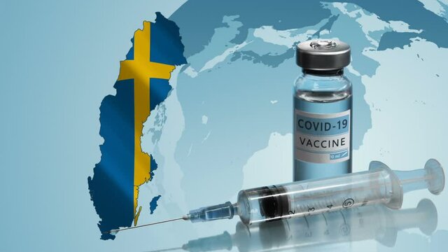 Sweden to launch COVID-19 vaccination campaign. Coronavirus vaccine vial, syringe, map and flag of Sweden on background of rotating globe. Fighting the epidemic. Research and creation of a vaccine.