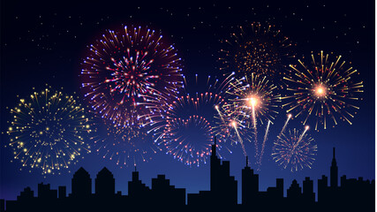 Fototapeta na wymiar Pyrotechnics And Fireworks In City Background