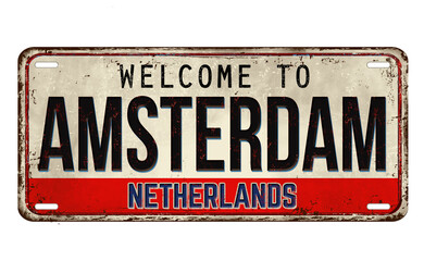 Welcome to Amsterdam vintage rusty metal plate