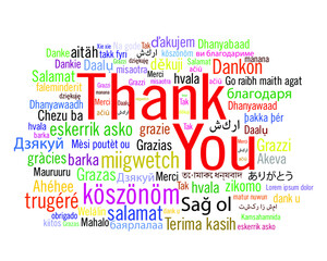 A cloud of words of the phrase Thank You in different languages. Thank you collage vector isolated on white background.