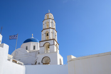 Church in Pyrgos, the most picturesque village of Santorini. Cyclades Islands, Greece