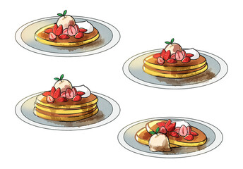 パンケーキ　イチゴとトッピング　水彩風
