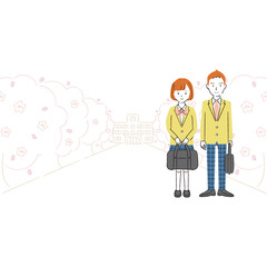 手書き線画カラーイラスト 　制服の男女の学生が桜並木に立っている