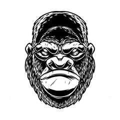 Illustration of head of angry ape in vintage monochrome style. Design element for logo, emblem, sign, poster, card, banner.