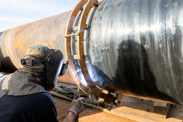 The welder is welding to large spiral welded pipes with gas metal arc welding process.