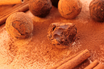 Chocolate truffles, cocoa powder and cinnamon sticks on a craft paper background. View from overhead 