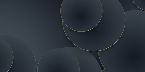 Background, black and gold circle shine dots on geometric dot pattern, vector. Golden confetti glitter on black gradient background, glittery polygon or 3d abstract card layout 