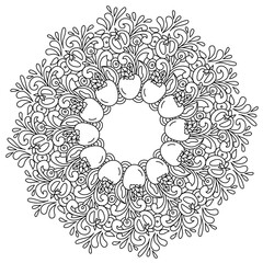 Contour mandala with persimmon fruits, whole and halves, anti stress coloring page with curls and plant motifs