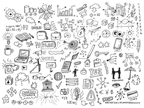 Hand drawn doodles business icon set