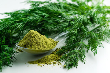 dried dill weed with fresh dill weed on white, dry powder dill super food