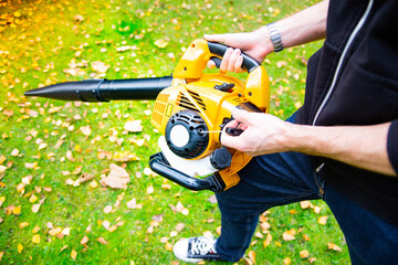 Using a cordless leaf blower in a garden. Cleaning a lawn.