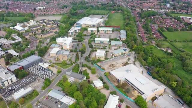 Aerial footage of the large University of York in the City of York in North Yorkshire, UK Academic teaching and research institution, founded in 1963, with a modern campus colleges buildings