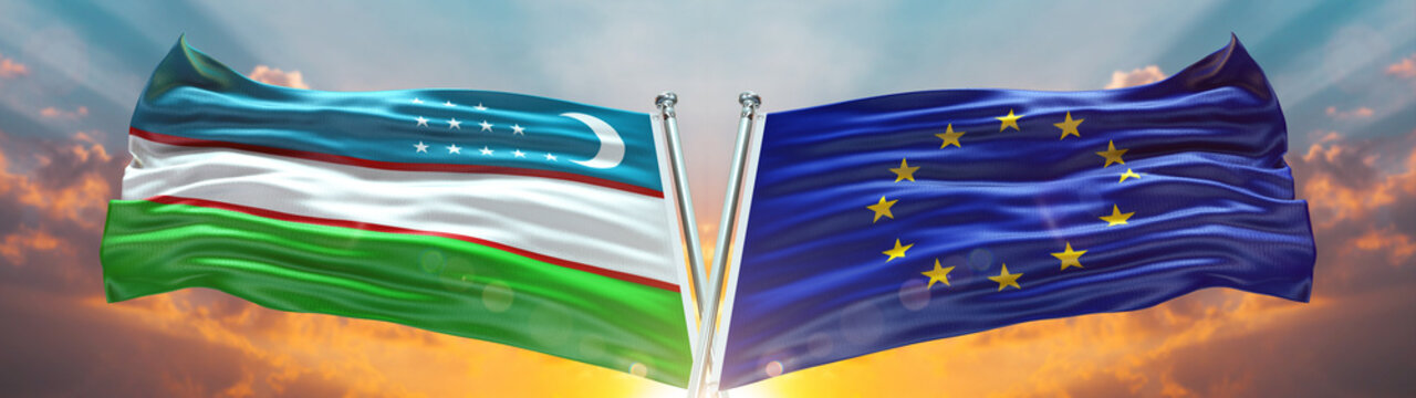 Double Flag European Union vs Uzbekistan flag waving flag with texture sky clouds and sunset background