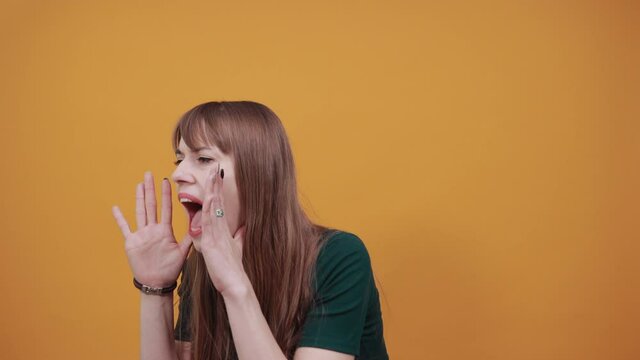 Scream and shout Holding hands near opened mouth. Screaming loudly with hand at face. Cupping. Yelling. Announcement. Attention, advertise Announcing important message, shouting news.