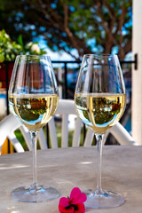 Tasting of local white wine on sunny summer balcony Provence, France