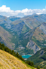 Naklejka premium Hiking near ski station Les deux Alpes and view on Alpine mountains peaks in summer, Isere, France