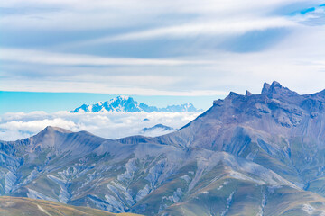 View on mountain Mont Blanc from glacier near ski station Les deux Alpes, Franch Alps in summer, Isere, France