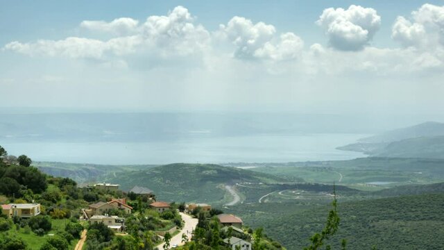 Panorama of the Upper Galilee from the tops of the hills surrounding Lake Kinneret or the Tiberias Sea or Sea of Galilee. 4K