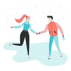 Winter time. Couple skating on ice. Happy people walking and performing outdoor activities. People having fun and winter activities. Winter mood flat concept. Vector illustration. 