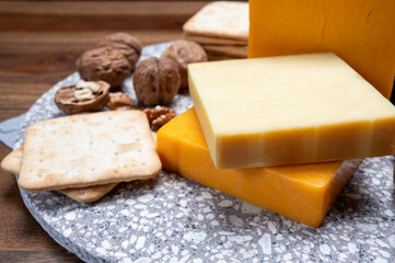 Cheese collection, orange and yellow smoked British cheese from England