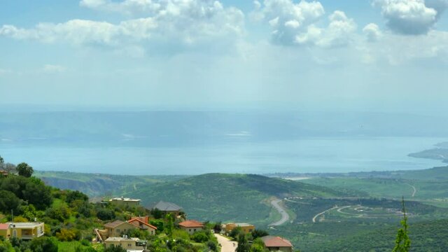 Panorama of the Upper Galilee from the tops of the hills surrounding Lake Kinneret or the Tiberias Sea or Sea of Galilee. 4K