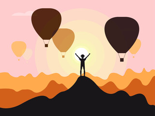 Vector illustration-happy solo traveler on top of a high mountain and silhouettes of balloons against a beautiful sunset sky on a warm summer evening