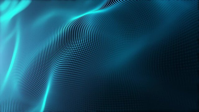 Abstract blue wave surface and light particles in slow motion. 4 K 