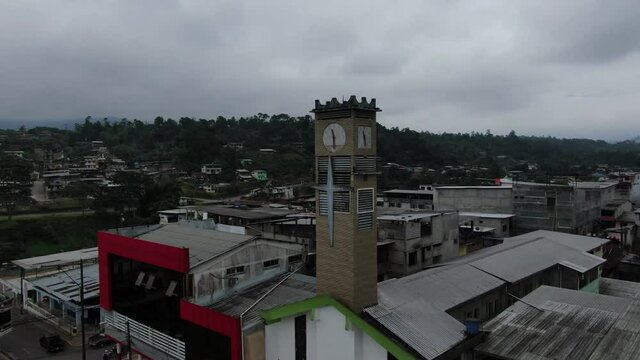 Echeand&iacute;a - Ecuador  04-04-2020: aerial shot of small town on the green forest of Ecuador