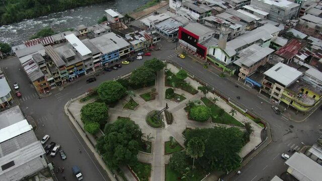 Echeand&iacute;a - Ecuador  04-04-2020: aerial shot of small town on the green forest of Ecuador