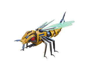 Mechanical wasp robot isolated on the white background. High resolution clip art for developing futuristic scenes. 3d rendering, 3d illustrations.